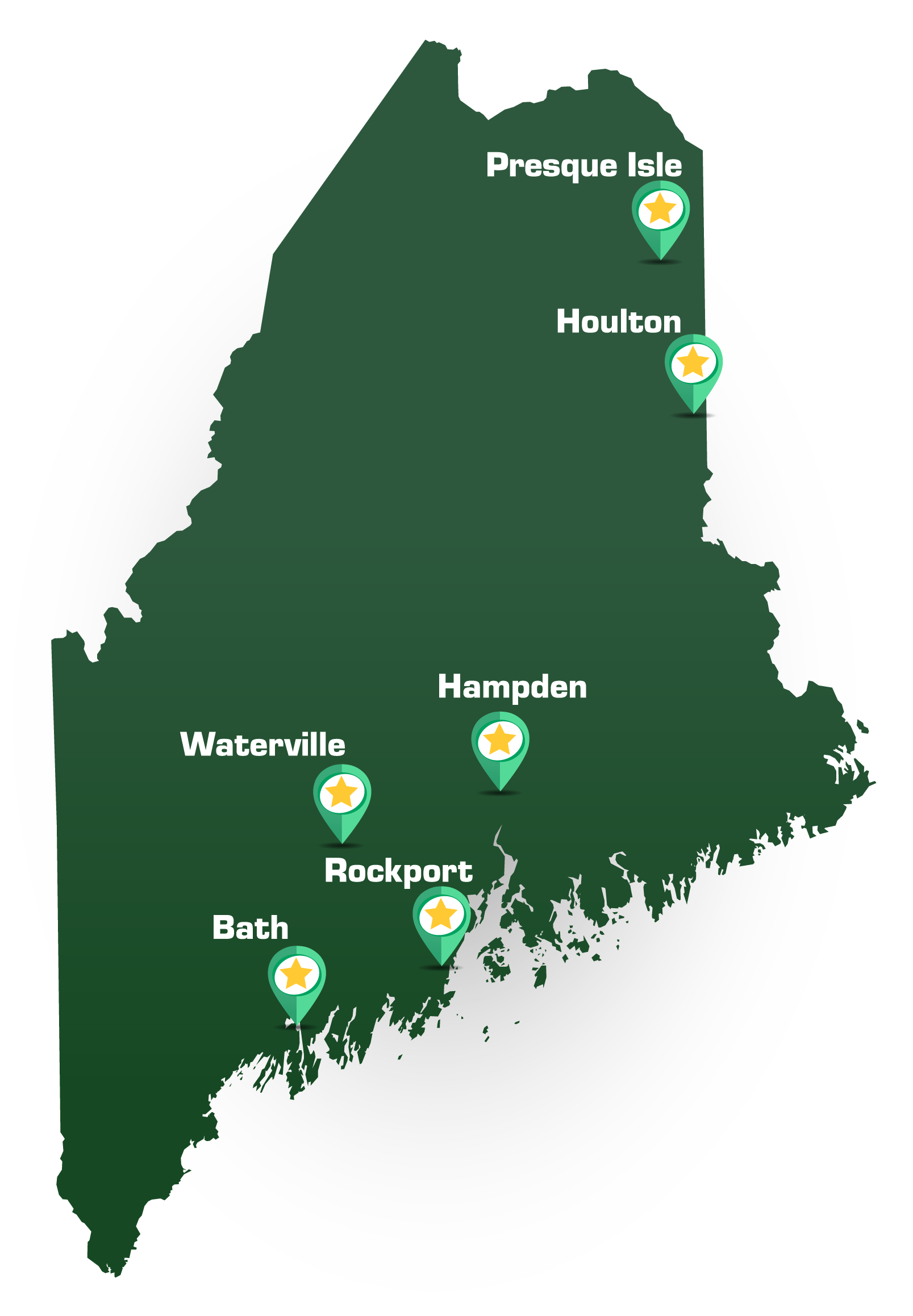 state of Maine graphic with star tabs at each branch location